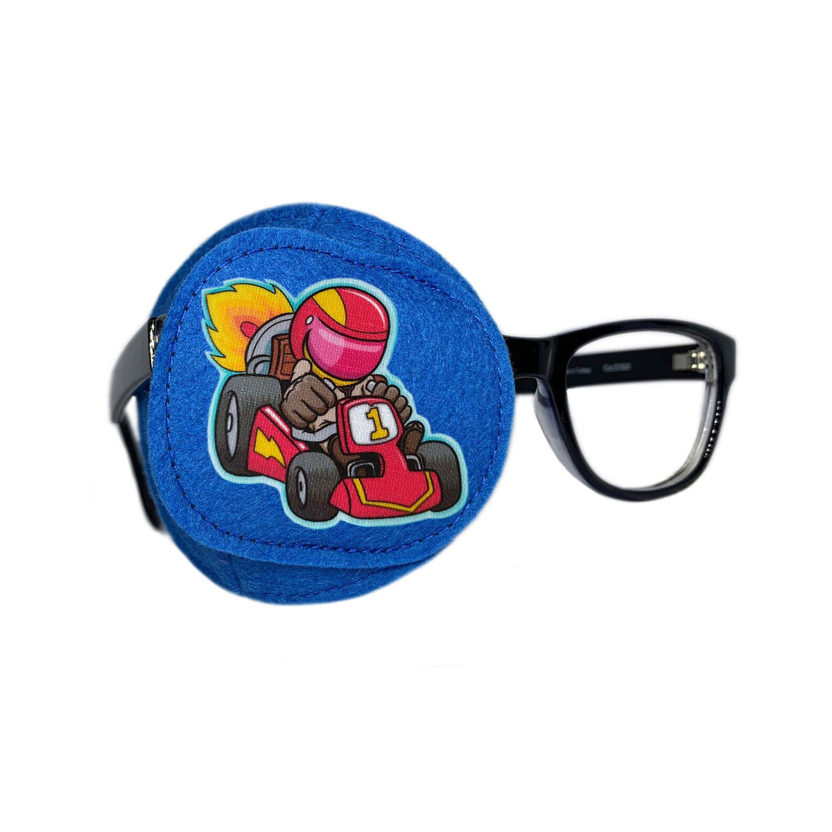 Race car eye patch attached to glasses, full coverage design