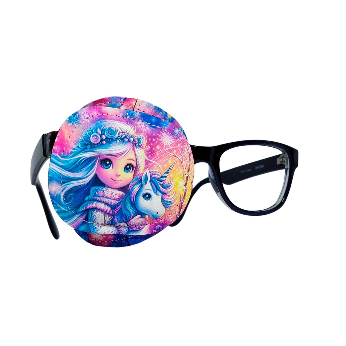 Full coverage eye patch for glasses showing a girl with blue hair and a unicorn on a colorful gradient background