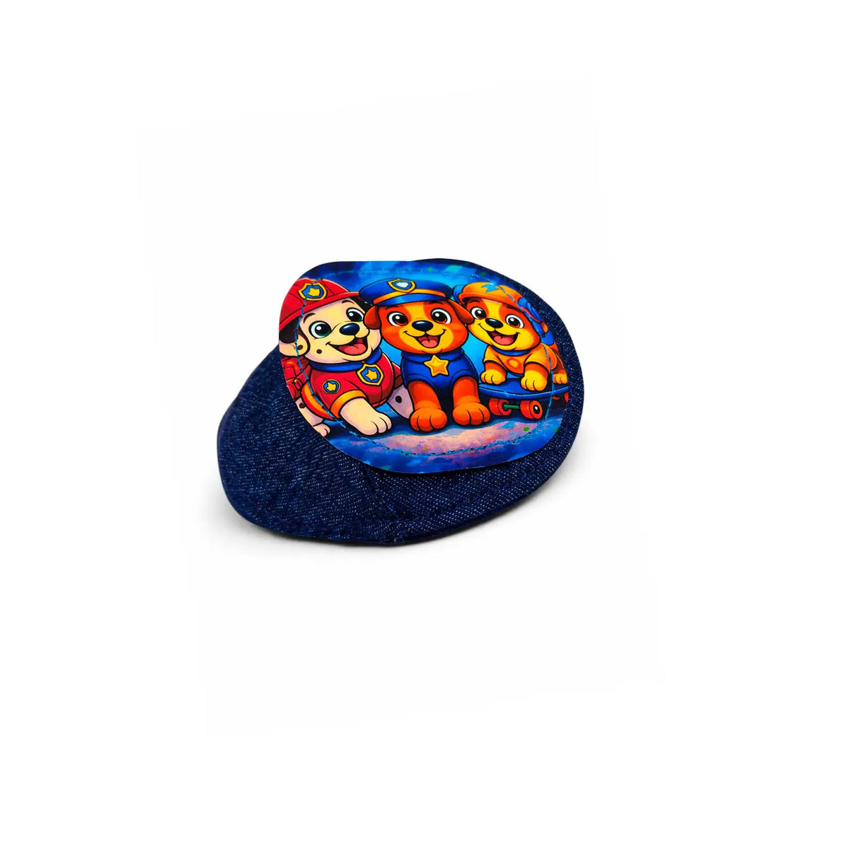 Rescue Puppies full coverage eye patch on glasses, showing three cartoon puppies in red, blue and orange uniforms on a bright blue background