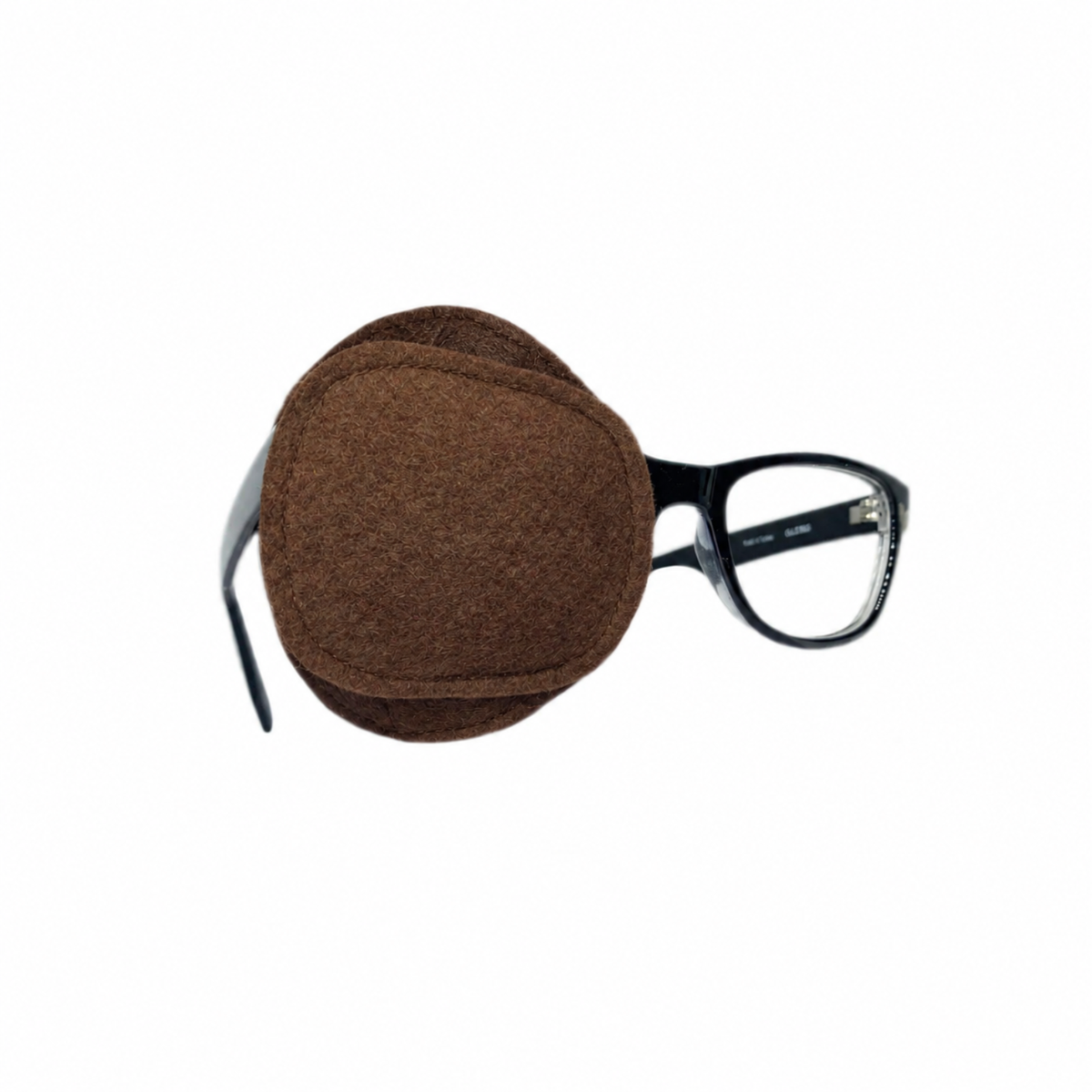 Brown wool felt eye patch on glasses, front and back view
