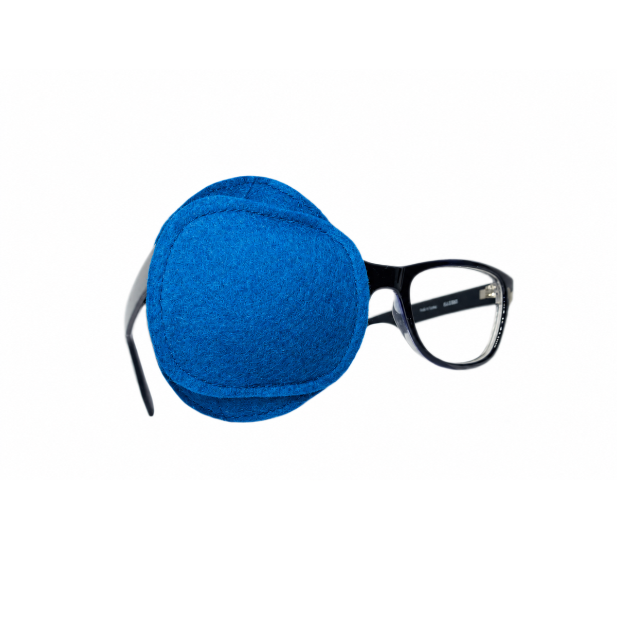 Bright blue wool felt eye patch on glasses, front and back view