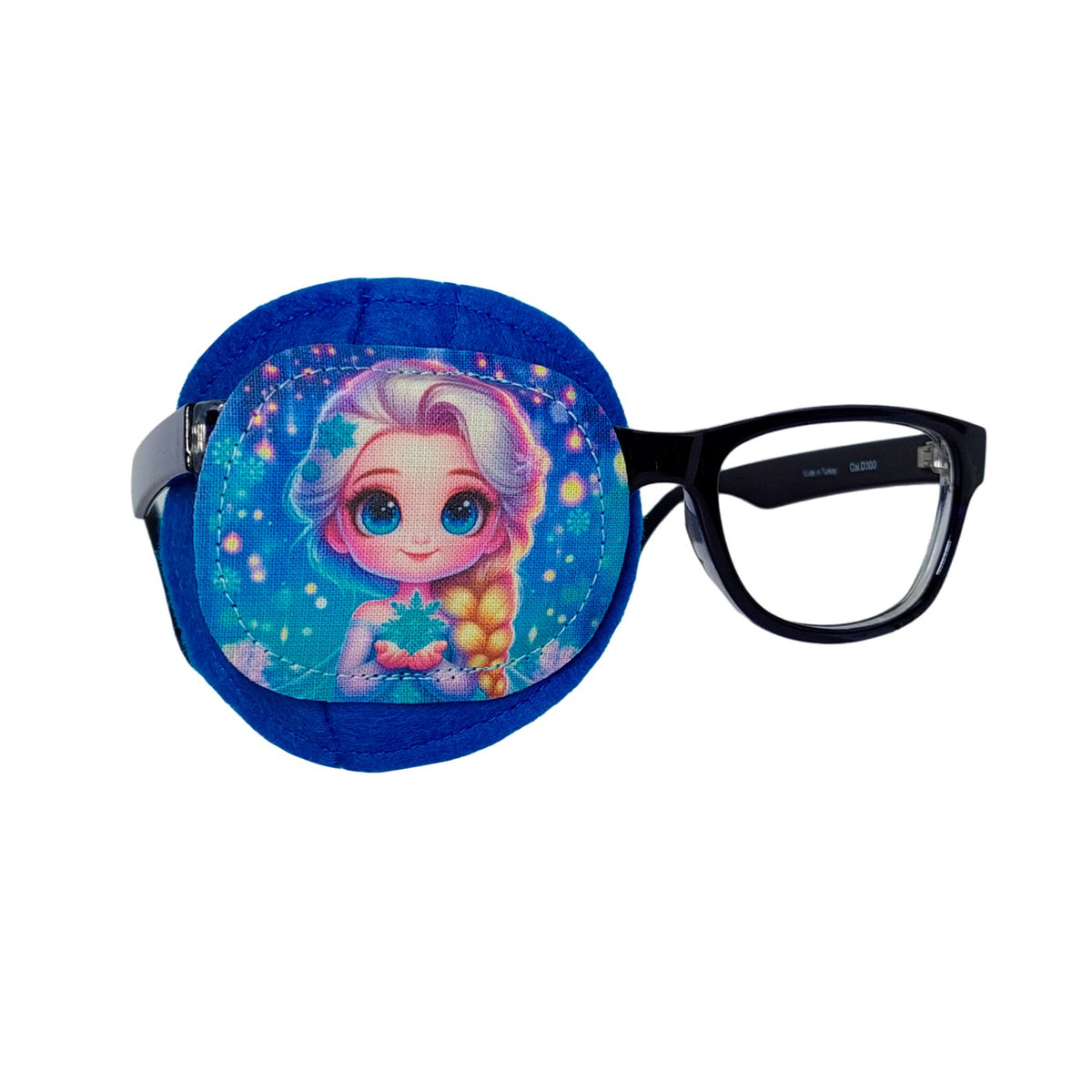 Full coverage eye patch for glasses with a girl with pink hair holding a green heart surrounded by stars on a blue gradient background