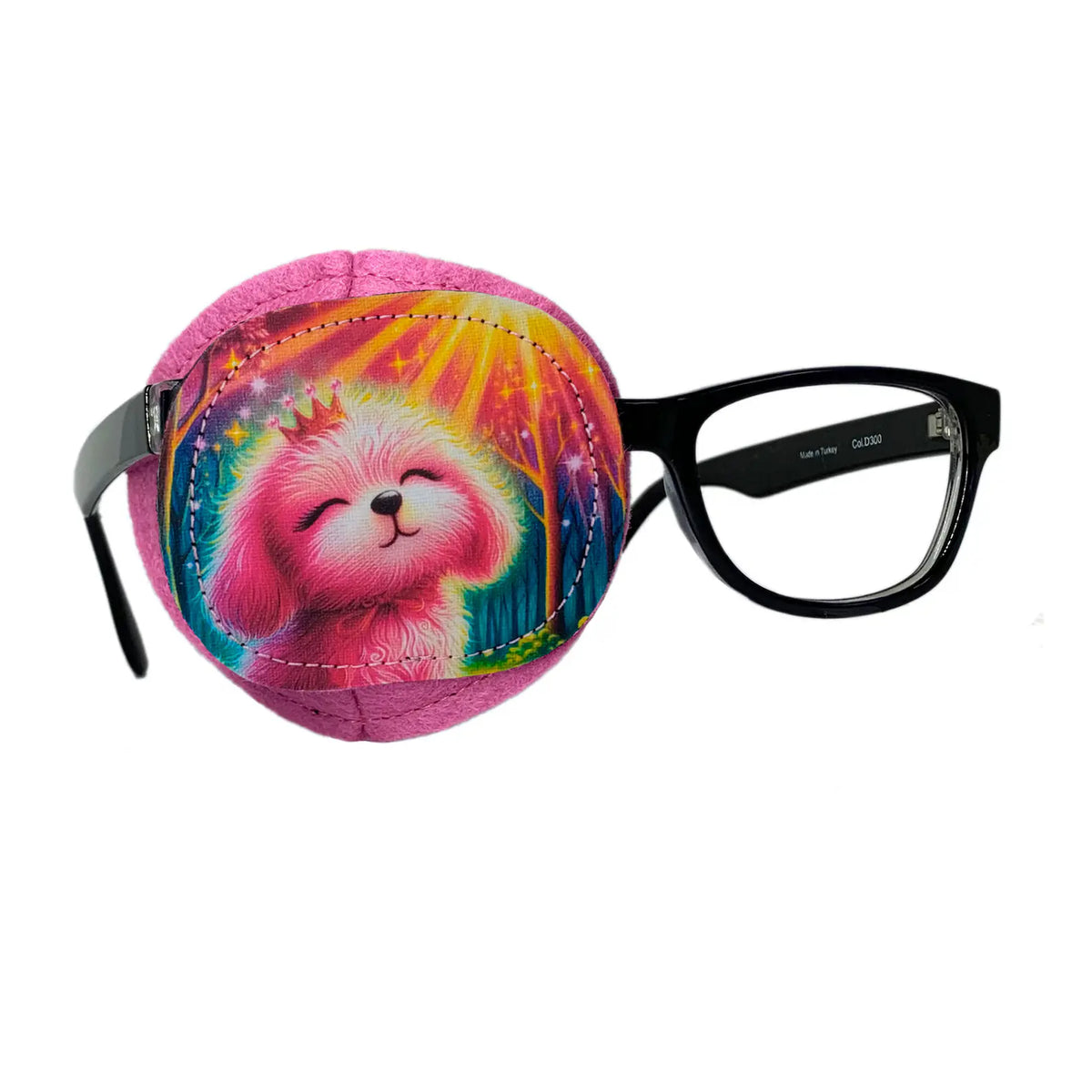 Pink wool felt eye patch with rainbow gradient puppy design, shown on black-framed glasses