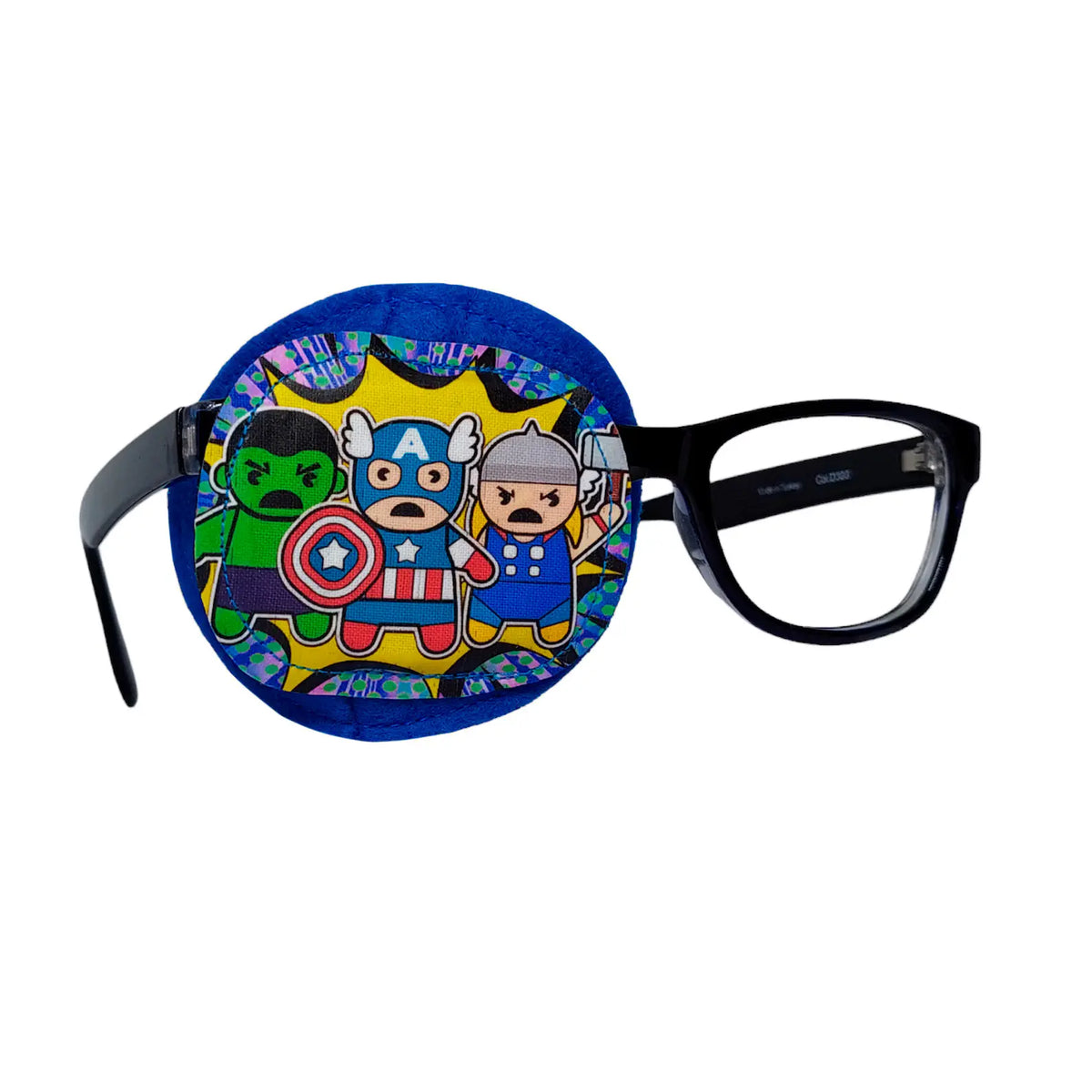 Superheroes eye patch for glasses with three cartoon heroes on blue background, worn on black-framed glasses