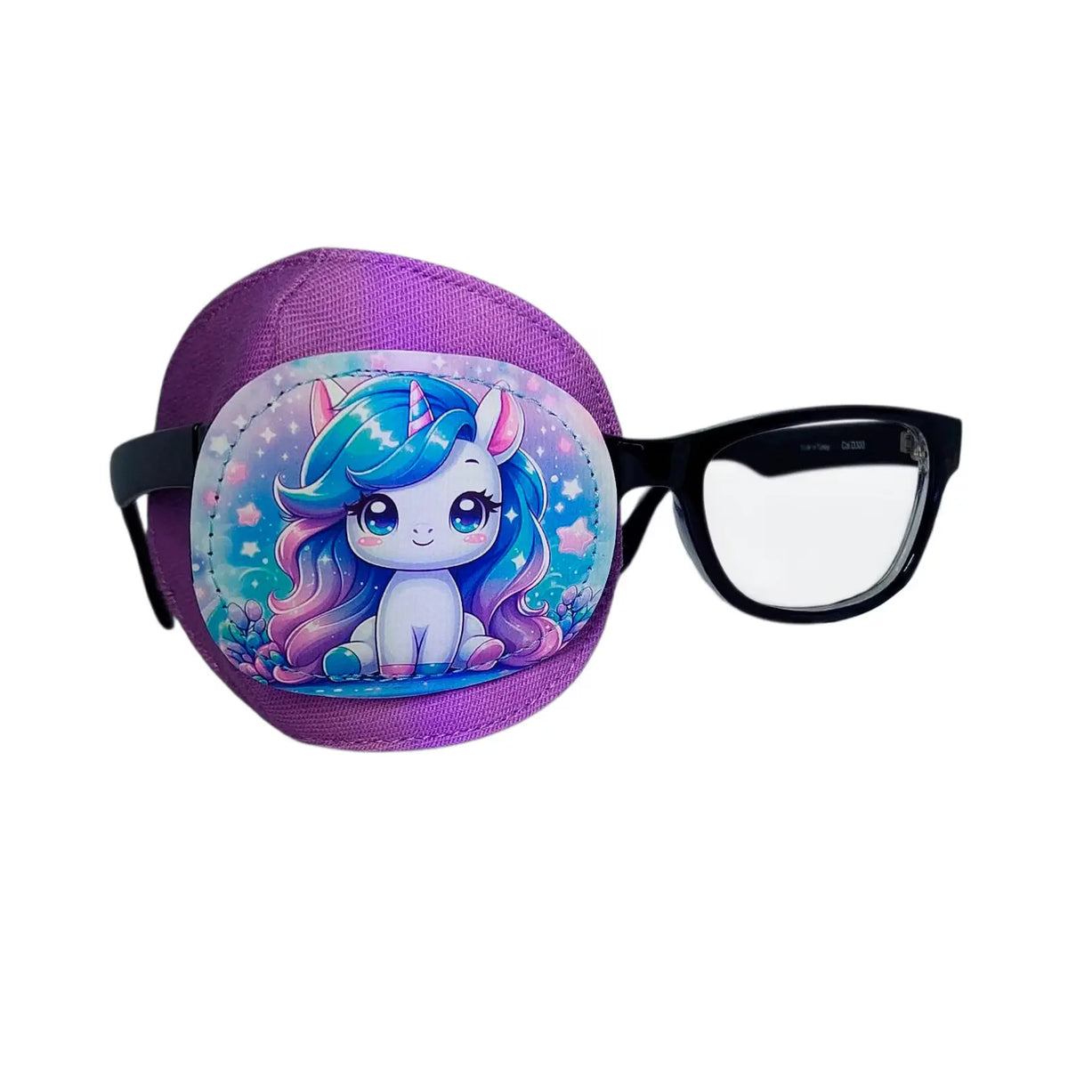 Purple cotton eye patch with a cartoon unicorn with blue and pink mane on a starry blue background, shown on black-framed glasses